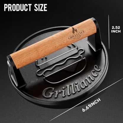 Cast Iron Burger Press Kit - 6.6-inch Flat Smasher for Grilling & Cooking