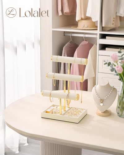 Beige 3-Tier Necklace Holder Organizer - PU Jewelry Display Stand