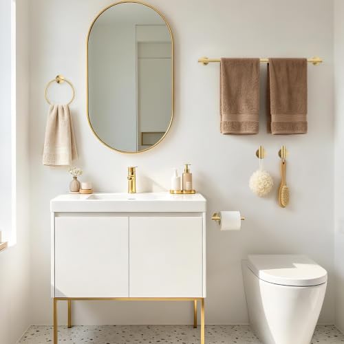 Brushed Gold Bathroom Accessories Set - 24 Inch Towel Bar, Toilet Paper Holder & Rings - Set A