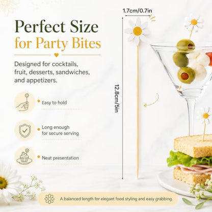 100PCS Daisy Floral Fruit Skewers Cocktail Picks for Food & Drinks