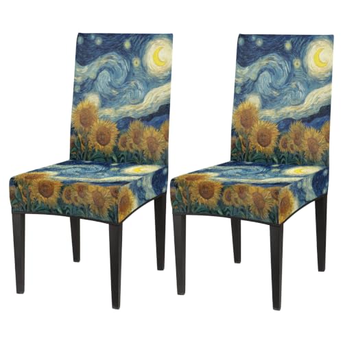 Sunflowers Swirly Moon Print Dining Chair Covers Set of 4 - Removable Washable Stretch Slipcovers for Kitchen