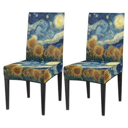 Sunflowers Swirly Moon Print Dining Chair Covers Set of 4 - Removable Washable Stretch Slipcovers for Kitchen