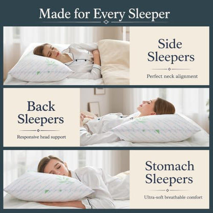 Queen Size Hybrid Cooling Bed Pillows Set of 2 - White, Breathable Bamboo Cover