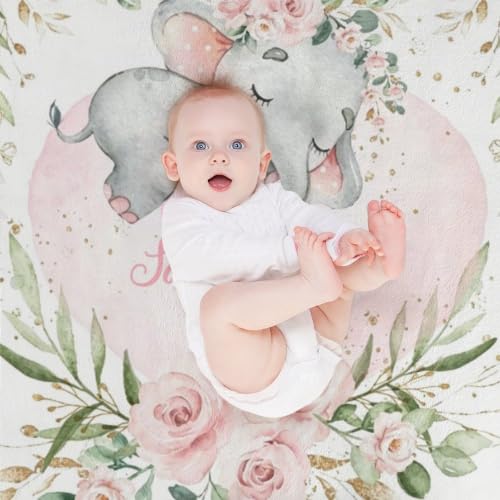 Personalized Baby Blanket with Name - Elephant Floral Watercolor - Watercolor A-01