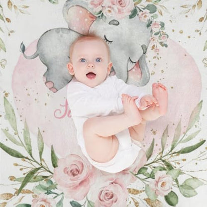 Personalized Baby Blanket with Name - Elephant Floral Watercolor - Watercolor A-01
