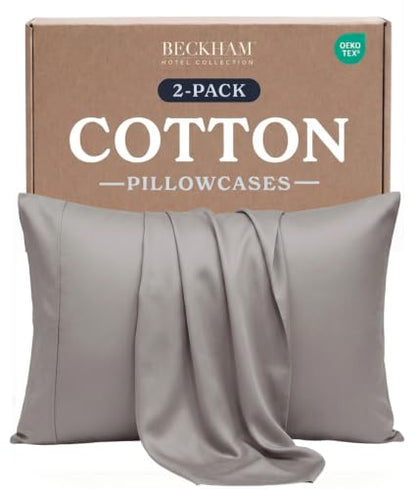Light Gray Queen Pillowcases Set of 2 - Cool Touch Sateen Cotton, 500TC, Silky & Soft