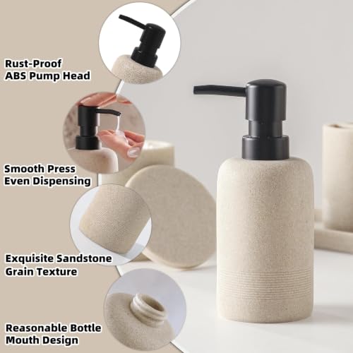 7 PCS Bathroom Accessories Set with Candle Holder & Black Pump Head - Sandstone Look
