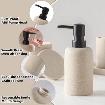 7 PCS Bathroom Accessories Set with Candle Holder & Black Pump Head - Sandstone Look