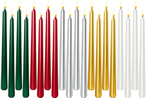 Metallic Taper Candles Set - 4 White, 4 Red, 4 Green, 4 Gold, 4 Silver, 10 Inch