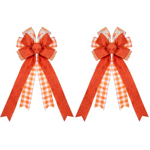 2PCS Fall Orange Burlap Ribbon Bows for Wreaths Halloween Thanksgiving Autumn Decor - Variation of 2pcs-m-fine Linen Fall Bows