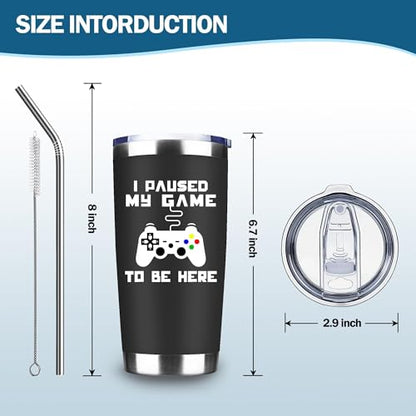 20oz Funny Gaming Slogan Stainless Steel Tumbler with Lid - Paused My Game - Black