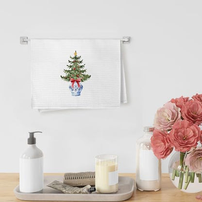 Yorhifa Blue and White Chinoiserie Christmas Tree Kitchen Towels, Red Bow, 16x24 Inches, Variation 8