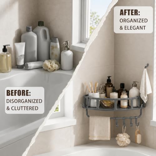 Corner Shower Caddy Hanging Rack - Rustproof Adhesive L-Shape Design - Gery 1 Pack
