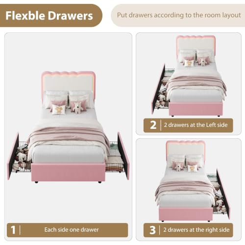 Pink Twin Bed Frame with Storage Drawers, LED Lights & Wavy Cloud Headboard