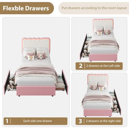 Pink Twin Bed Frame with Storage Drawers, LED Lights & Wavy Cloud Headboard