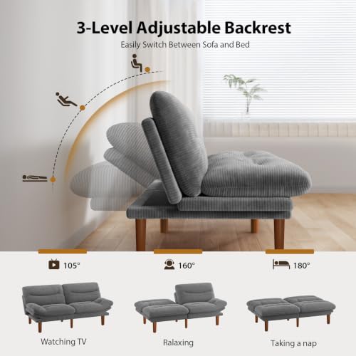 Convertible Futon Sofa Bed - Corduroy, 66 Inch, Warm Grey - Space Saving