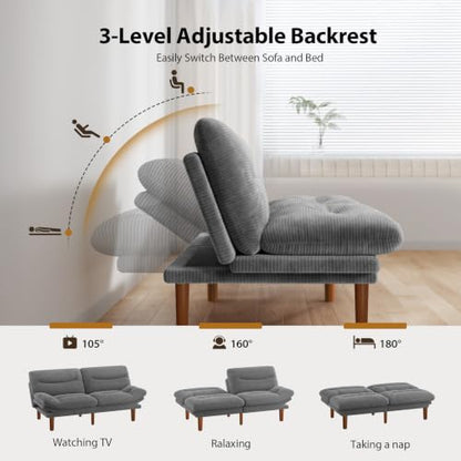 Convertible Futon Sofa Bed - Corduroy, 66 Inch, Warm Grey - Space Saving