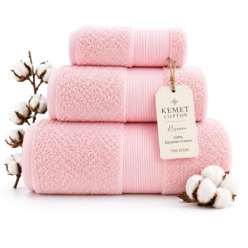 KEMET Luxury Bath Towel Set of 3 Pink - Egyptian Cotton 700 GSM, Absorbent & Soft