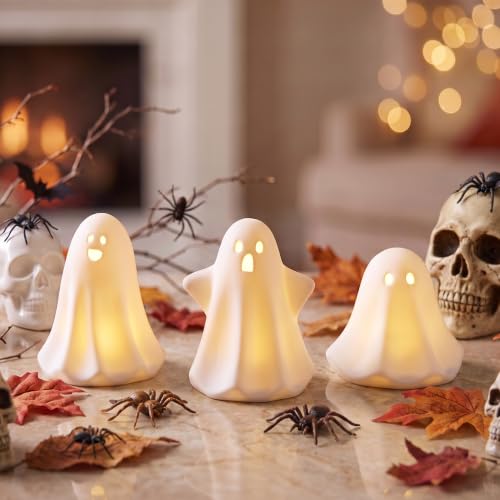 3PCS Ceramic Ghost Halloween Decorations with Amber LED Glow - Indoor Display