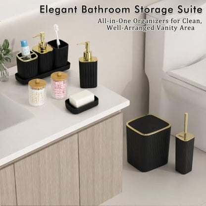 Black and Gold Bathroom Accessories Set – 10-Piece All-in-One Vanity Decor with Dispensers, Toothbrush Holder, and Storage Jars (Variation: Black & Gold / Bath Set 10 Piece)