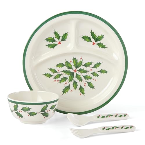 Children's Melamine Dinnerware Set - Christmas Holiday Themed 4 Pieces - Plate, Bowl, Fork & Spoon - Variation of This Listing
