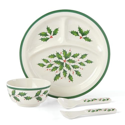 Children's Melamine Dinnerware Set - Christmas Holiday Themed 4 Pieces - Plate, Bowl, Fork & Spoon - Variation of This Listing
