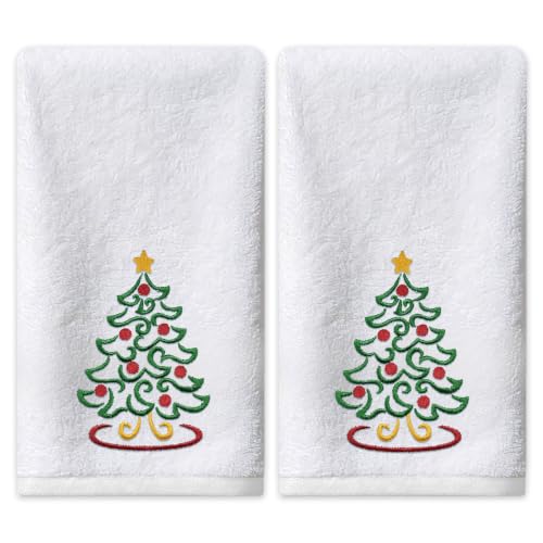 Hexagram Christmas Hand Towels - 14x30 Inch Embroidered Tree Bathroom Decor Set