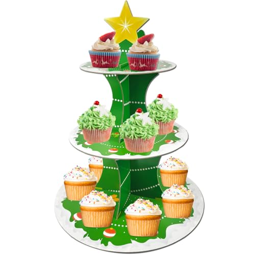 Christmas Dessert Cupcake Stand 3-Tier Green Cardboard Holder for Xmas Parties