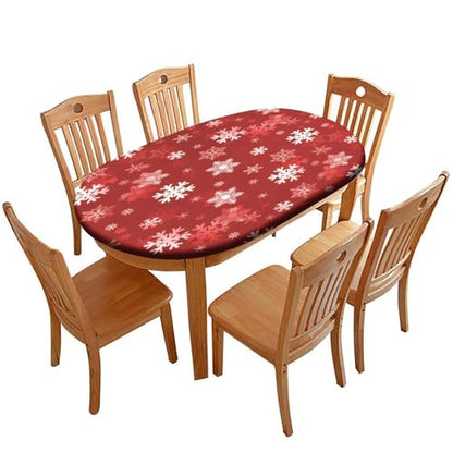 Christmas Snowflake Elastic Fitted Tablecloth - Red & White Xmas Oval Cover 48x68"