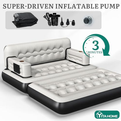 Queen Size Air Sofa Bed Mattress with Headboard & Pump, Inflatable Couch for Home & Travel