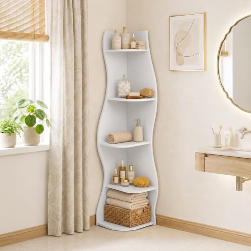 White 5-Tier Corner Shelf with S-Shaped Modern Curved Design