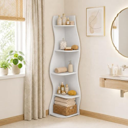 White 5-Tier Corner Shelf with S-Shaped Modern Curved Design