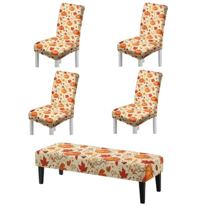 Thanksgiving Fall Maple Dining Chair Covers Set of 5 with Bench Cushion - Autumn Decor