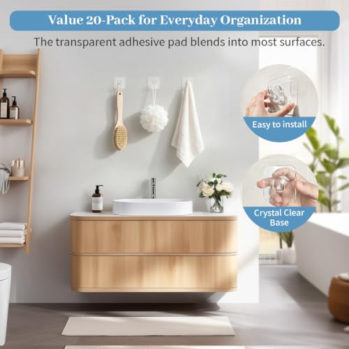 Heavy Duty Waterproof Adhesive Hooks 22 LB Max No Drill Reusable Clear Wall Hooks - 20 Pack
