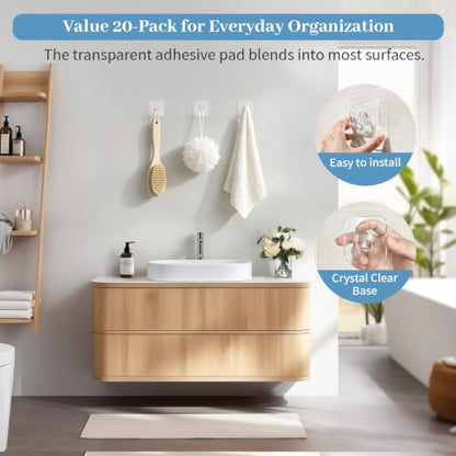 Heavy Duty Waterproof Adhesive Hooks 22 LB Max No Drill Reusable Clear Wall Hooks - 20 Pack