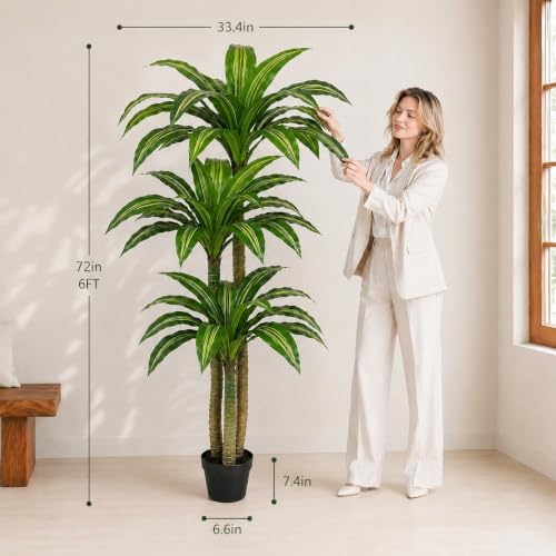 6FT Artificial Dracaena Tree with 3 Thick Trunks and Realistic Foliage