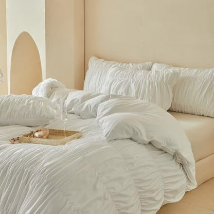 King White Stripes Duvet Cover Set with Tufted Ruching - 104x90 Inches