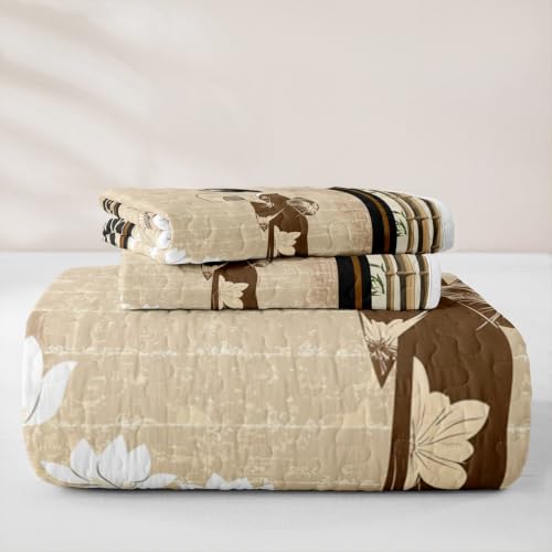 Queen Lotus Quilt Set with Brown White Variation - Soft All-Season Bedspread