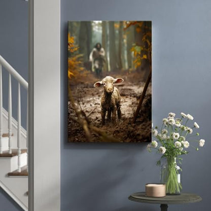 Jesus and Lamb Canvas Wall Art - Religious Christian Decor for Prayer Room, Christmas