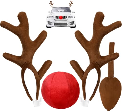 Car Reindeer Antlers with Nose, Bells & Ribbons Holiday Decoration