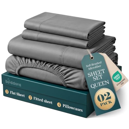 Queen Sheet Set - Pack of 2 Deep Pocket Microfiber Bed Sheets - Dark Grey