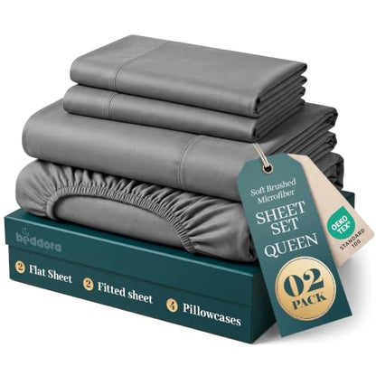 Queen Sheet Set - Pack of 2 Deep Pocket Microfiber Bed Sheets - Dark Grey
