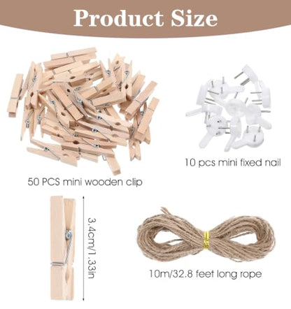 Photo Hanging String with Clips - 32.8ft Natural Jute Wall Display Kit
