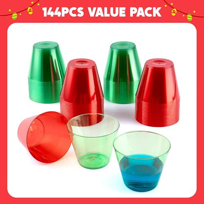 144 Pack Christmas Clear Disposable Plastic Cups - Red & Green 9oz Bulk Drinking Glasses