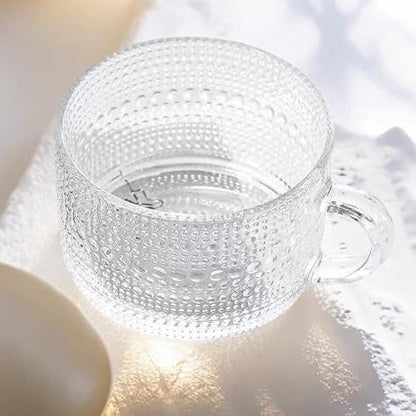 6 Pcs Clear Embossed Glass Coffee Mugs with Handle - 14oz Drinkware Set