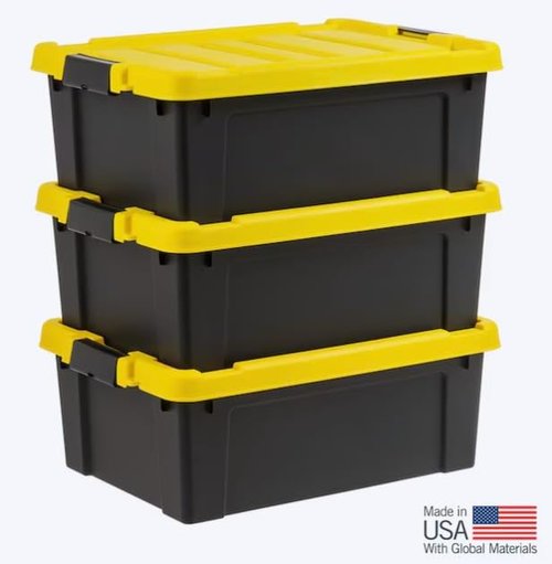 Heavy Duty Stackable Storage Tote - 12-Gallon Latching Lid Bins | Black, 3-Pack