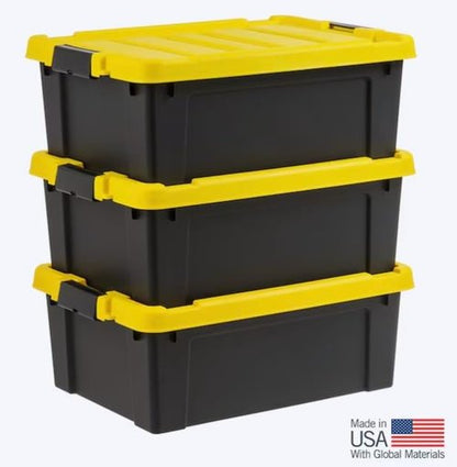 Heavy Duty Stackable Storage Tote - 12-Gallon Latching Lid Bins | Black, 3-Pack