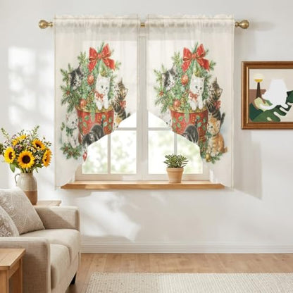 Green Beige Christmas Swag Curtains 2 Panels Set 45 Inch Length Window Valance