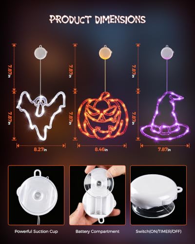 Halloween Window Lights Set - Pumpkin, Ghost & Hat with Timer & Suction
