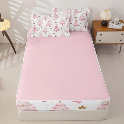 Pink Christmas Tree Comforter Set Twin with Zipper Bedding - Feelyou Pink Gold Variation